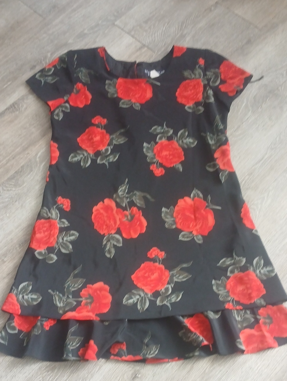 Ladies' Black Dress Top with Red Rose Print
